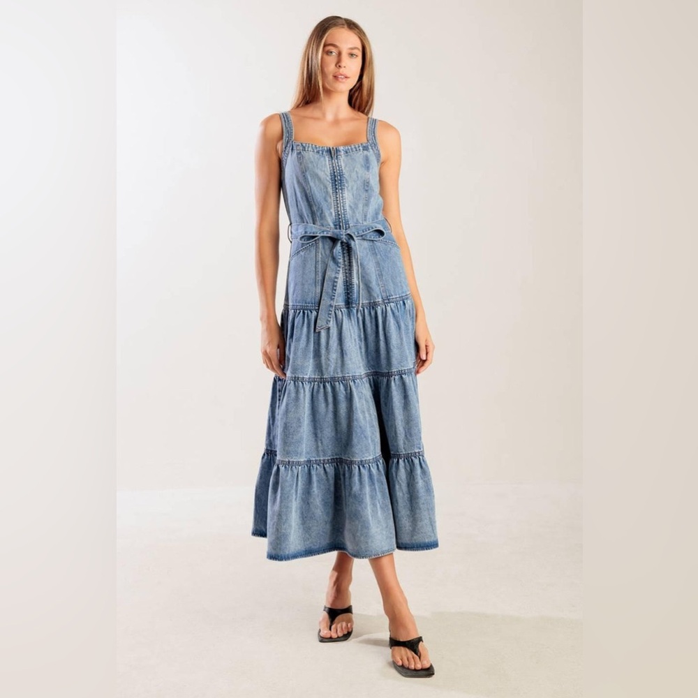 Freemarket Denim Midi Dress Size M | Tiered Belted Blue Jean Dress